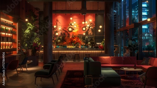 Modern Bar Lounge with Vibrant Red Sofa and City Skyline View - Cinematic Concept Art