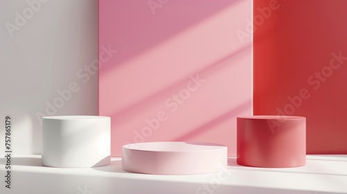3D background with set of realistic white, red and pink cylinder pedestal podium on pastel scene. 