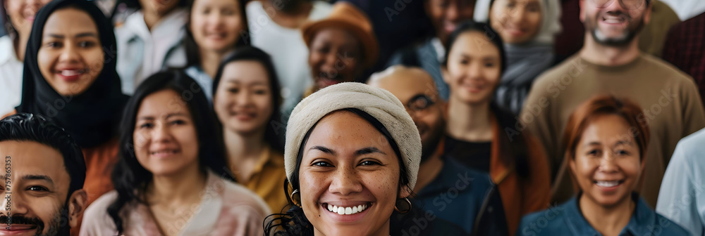 A large diverse group of people, including men and women from various ethnic backgrounds, are depicted smiling and facing the camera in an overhead shot. A large diverse group of people, including men and women from various ethnic backgrounds, are depicted smiling and facing the camera in an overhead shot.