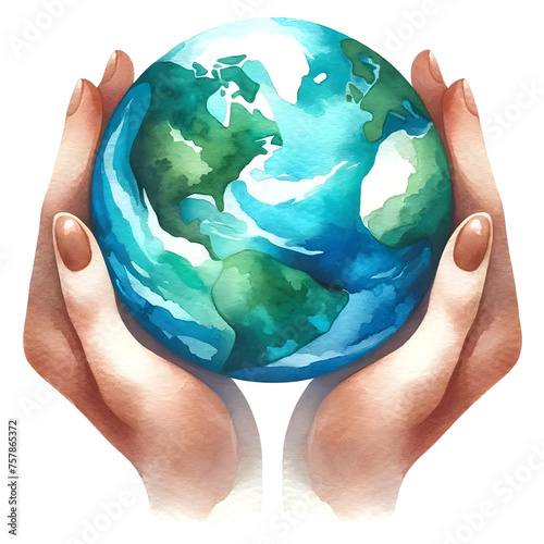 Human Hands Holding The Earth, World Environment Day illustration, Watercolor Environment Day. 