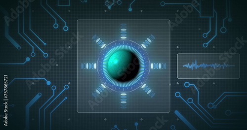 Image of globe, circuit board, data processing over grid