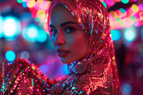A Muslim woman in 70s disco fashion hijab styled with sequins and bell-bottoms