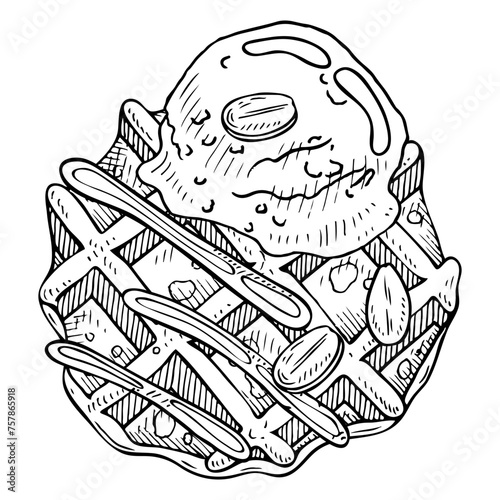 Waffle with ice cream, syrup, almonds sketch. Dessert for breakfast. Hand drawn vector illustration.