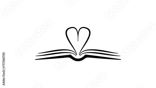 open book with heart, black isolated silhouette