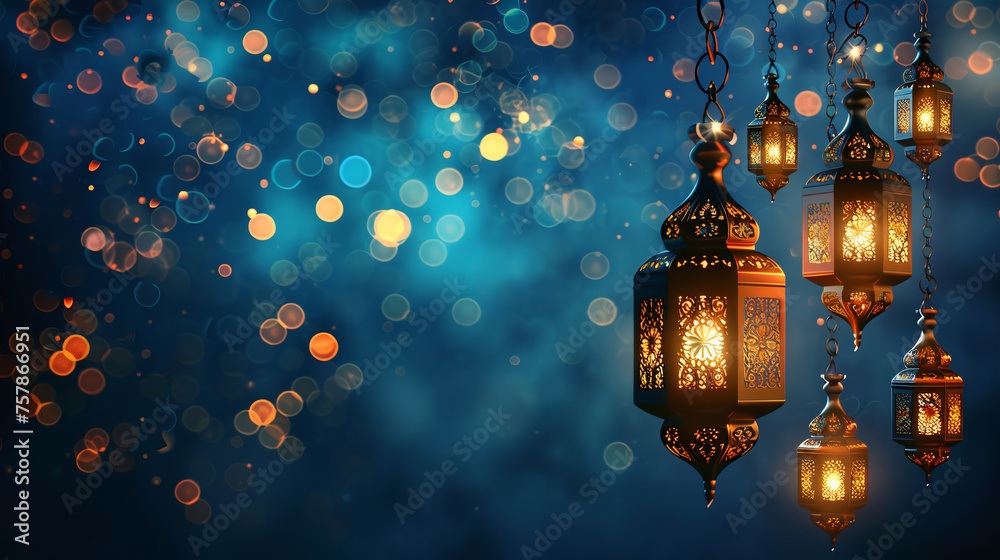 Ornamental Arabic golden glowing elegant lanterns on deep dark navy blue gradient Ramadan Kareem banner, wallpaper with text area, concept of the holy month of Ramadan, burning candle conceptual decor Ornamental Arabic golden glowing elegant lanterns on deep dark navy blue gradient Ramadan Kareem banner, wallpaper with text area, concept of the holy month of Ramadan, burning candle conceptual decor
