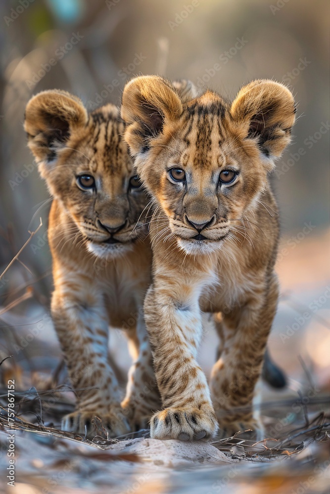 Obraz premium two young lion cubs walking toward camera
