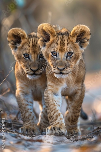 two young lion cubs walking toward camera