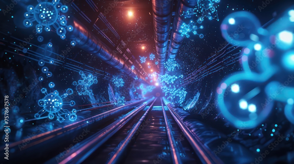 A concept image showcasing a tunnel enhanced with glowing nanotechnology elements and a science fiction vibe.