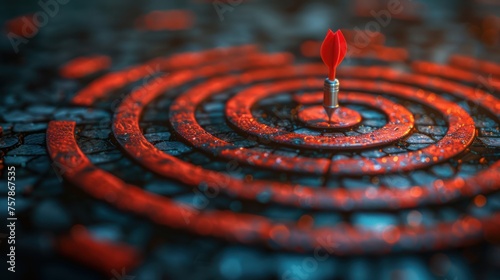 A single dart sticks precisely in the bullseye of a target patterned with glowing red lava cracks on a stone surface.