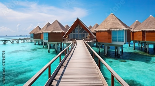 A wide-angle view of a group of typical triangle cottages of a Maldivian resort with a wooden bridge to them; multiple bungalows with triangle roofs as a part of luxury hotel houses in the Maldives.