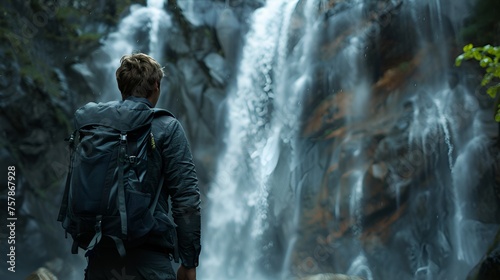 Backpacker Admiring Breathtaking Waterfall, Portrait, Backpacker, waterfall, adventure