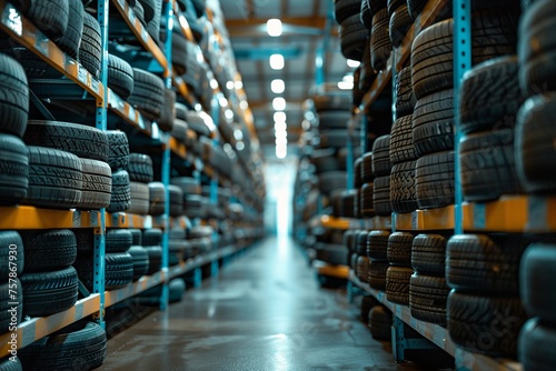a walk though view of a warehouse full with a new tires