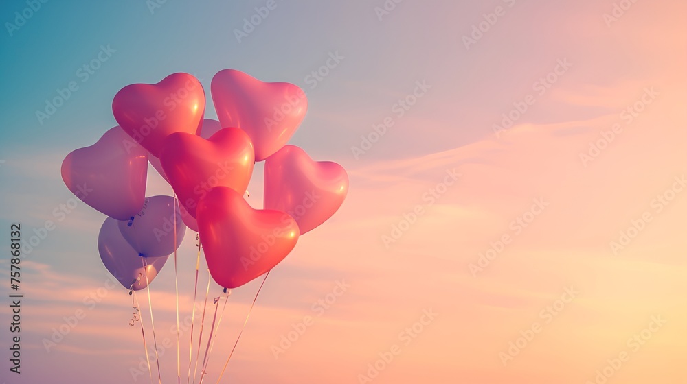 Fototapeta premium Balloon Hearts Rising against Gradient Sky with Clouds, Balloon, hearts, sky
