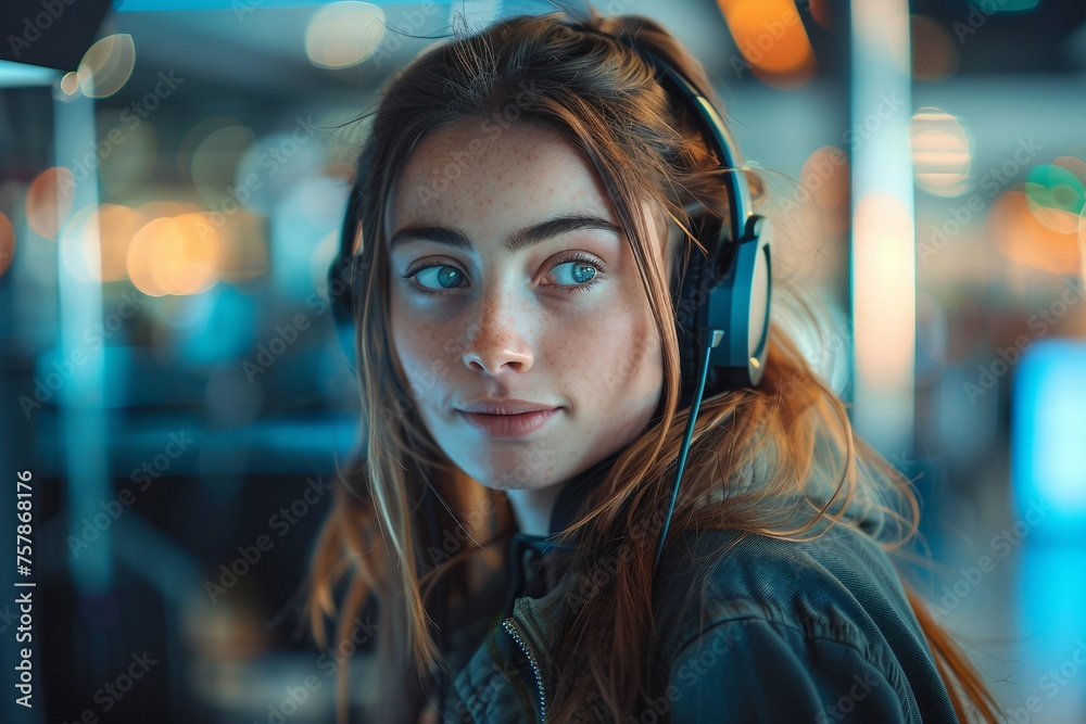 Beautiful woman wearing a headset looking at the camera Beautiful woman wearing a headset looking at the camera