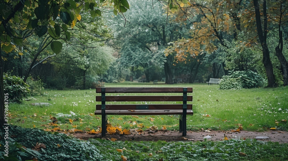 A solitary bench in a quiet park, surrounded by greenery and space