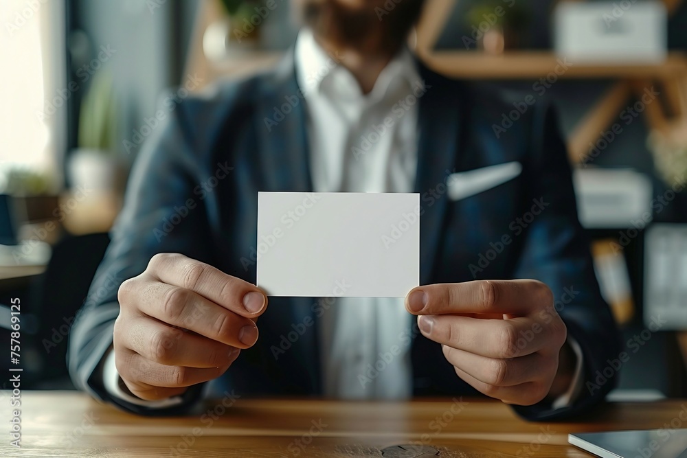 man in a suit holding a blank business card man in a suit holding a blank business card