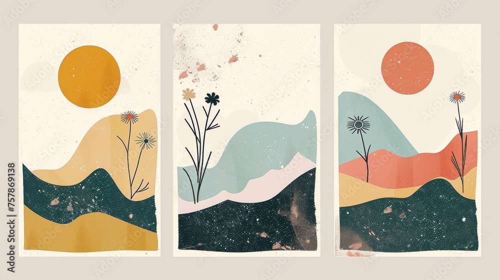 Abstract serene illustration featuring layered mountains with a warm sun and blooming flowers in a calming color palette, invoking a sense of peace and nature's beauty