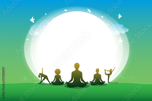 Vector illustration of International yoga day template. yoga body posture. group of people practicing yoga.