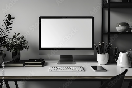 white screen desktop computer in minimal office room with decorations and copy space. ai generated