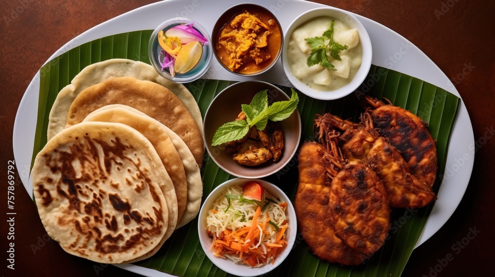 Authentic Sri Lankan different street food, short eats. Vegetable roti, coconut roti, cutlets, mutton rolls on white plate. View from above. Copy space.
Authentic Sri Lankan different street food, short eats. Vegetable roti, coconut roti, cutlets, mutton rolls on white plate. View from above. Copy space.