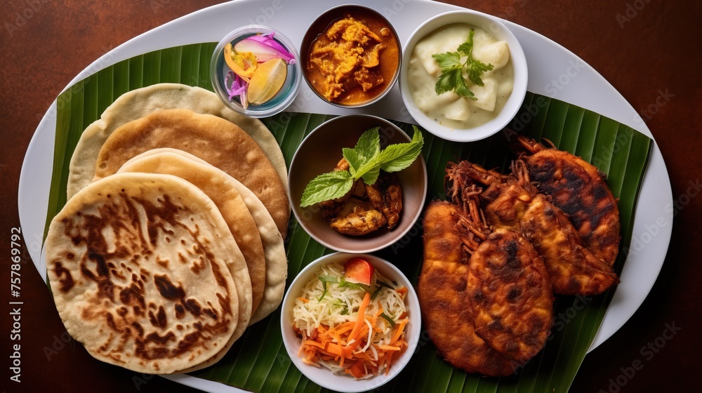 Authentic Sri Lankan different street food, short eats. Vegetable roti, coconut roti, cutlets, mutton rolls on white plate. View from above. Copy space.


