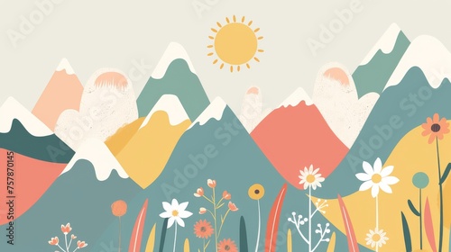 Abstract serene illustration featuring layered mountains with a warm sun and blooming flowers in a calming color palette  invoking a sense of peace and nature s beauty