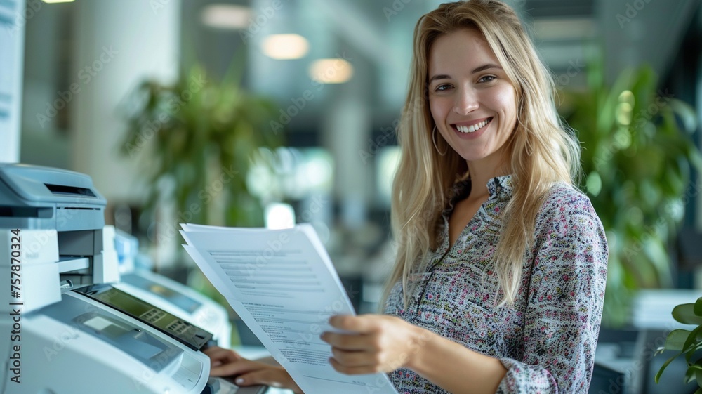 Portrait of happy young businesswoman working at office. She is holding document for copy by printer laser. Portrait of happy young businesswoman working at office. She is holding document for copy by printer laser.