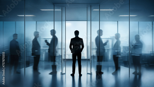 Abstract office background with blured workers and a person standing in center.