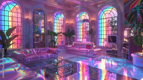 80s style living room, holographic silk arched windows, chrome and bright diffused light, shimmering photo