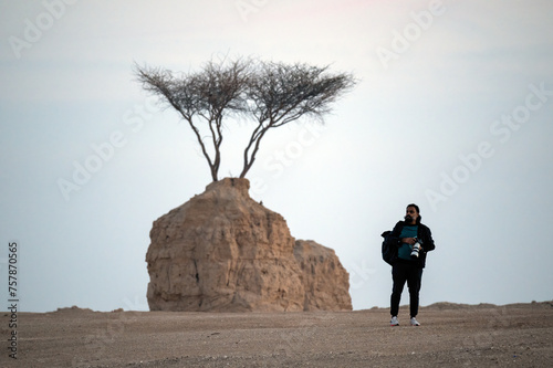 Lonely Tree on Rock. clay quarry Umbab Qatar photo