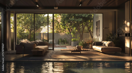 Living room of a beautiful dark modern house with large windows opening onto a swimming pool