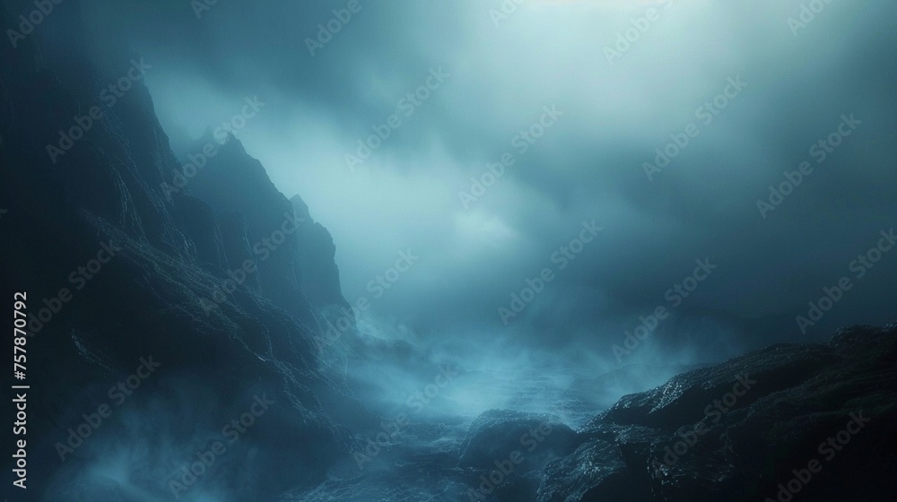 Ethereal Landscape Covered in Mist with Dark Silhouettes, Landscape, mist, silhouette