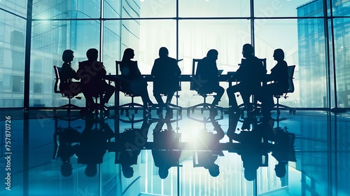 Confident business people having a meeting in a modern office space with large windows.