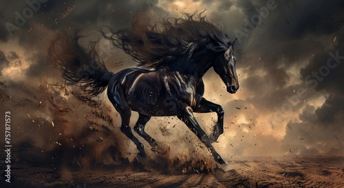 Fiery October Night: A Black Horse Runs Through the Dust Generative AI
