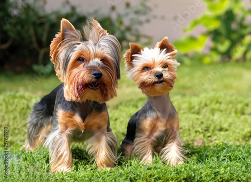 Two toy Yorkshire terriers with fawn coats standing in the grass