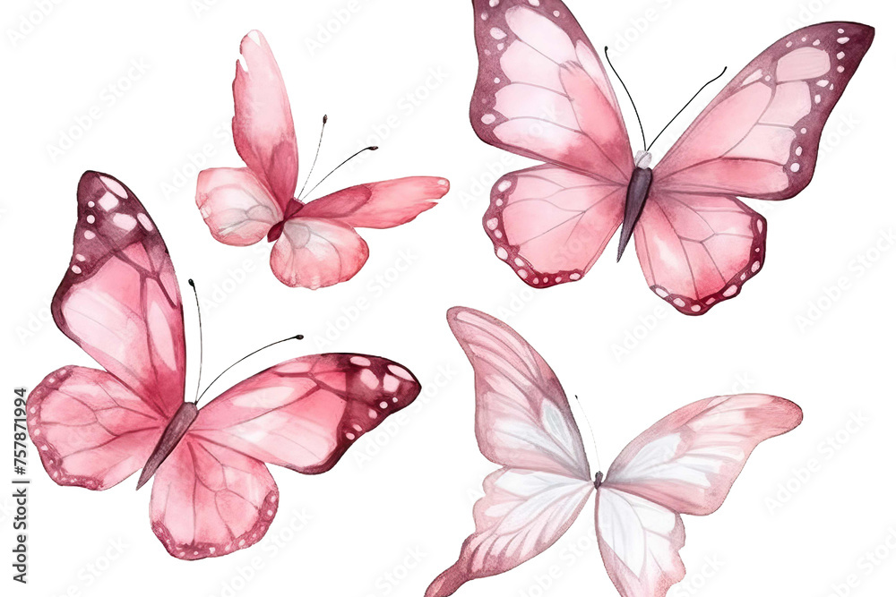 white watercolor illustration; background butterflies; isolated draw hand Pink