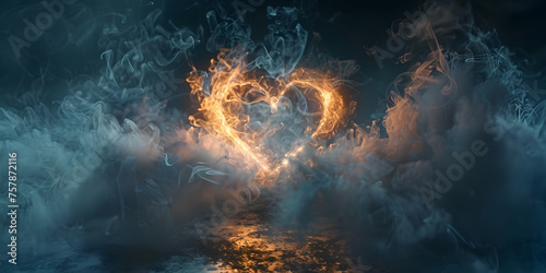  Burning heart on a dark background, A heart made of fire and sparks. photo