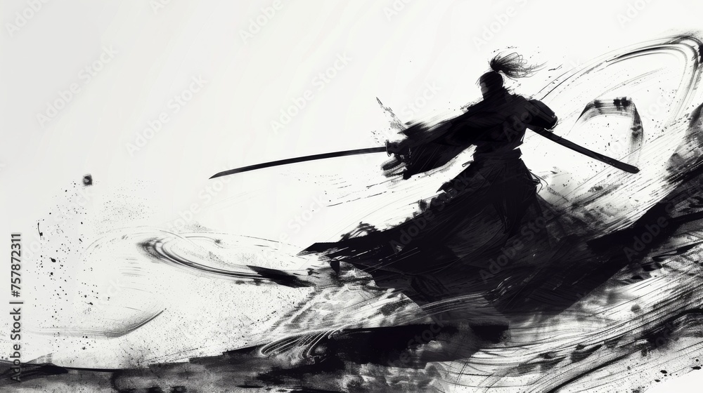 Chinese ink style swordsman - obrazy, fototapety, plakaty 