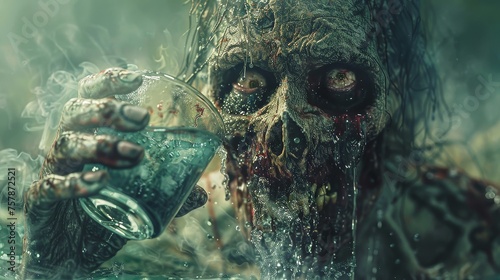 Thirsty Zombie Clutching a Glass of Water as Sunlight Scorches Its Decaying Flesh photo