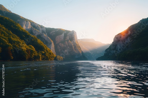 Cinematic Danube River view from a boat, showcasing steep mountains and dense forests bathed in golden hour light.