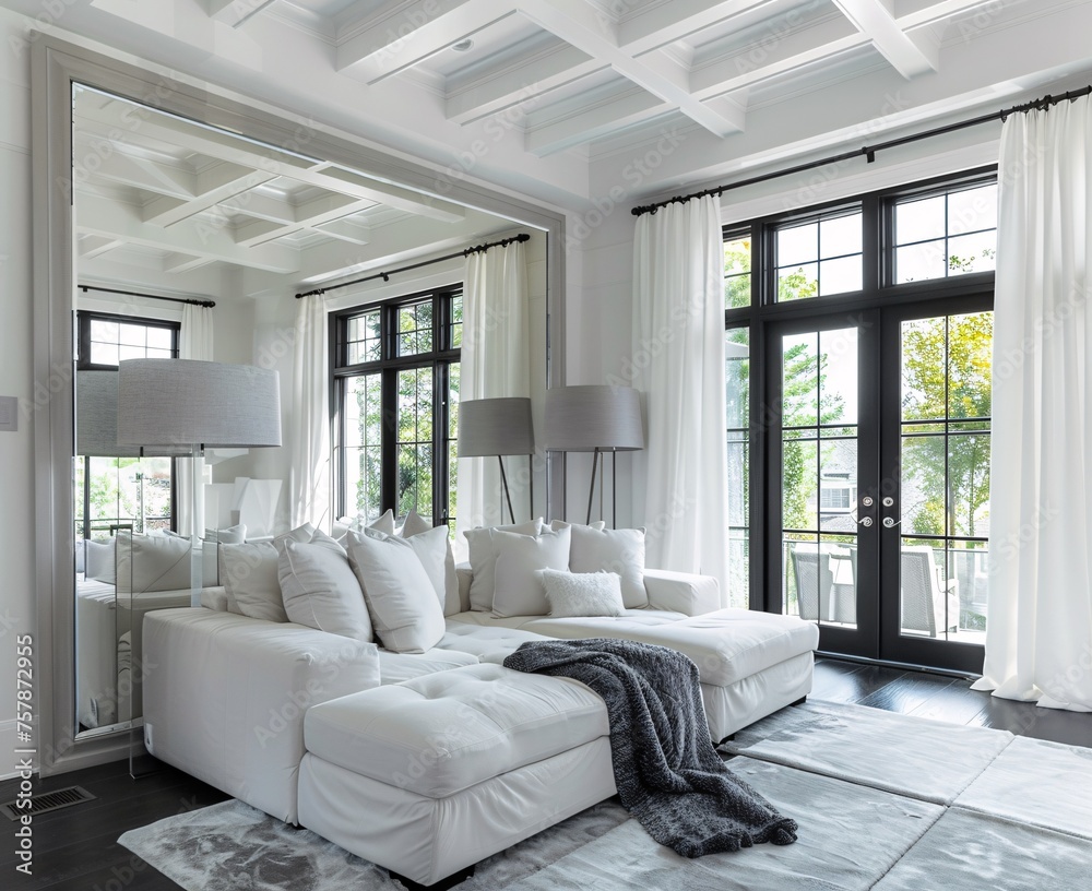 Fototapeta premium Modern Living Room with White Couch and Lamp Generative AI