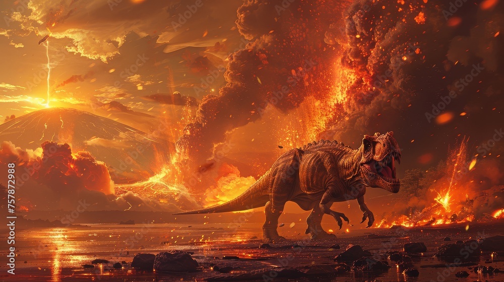 Obraz premium Prehistoric dinosaur in a catastrophic volcanic eruption landscape
