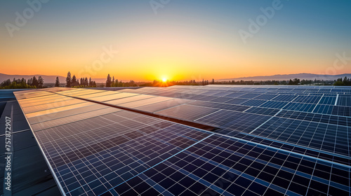 Solar panels at sunset with vibrant sky and landscape