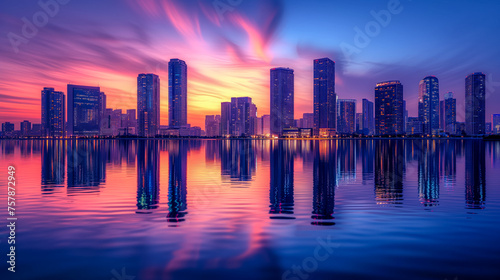 Vibrant sunset and city reflections in waterfront scene © thodonal