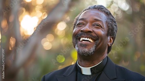 Smiling Priest in Black Suit Generative AI photo