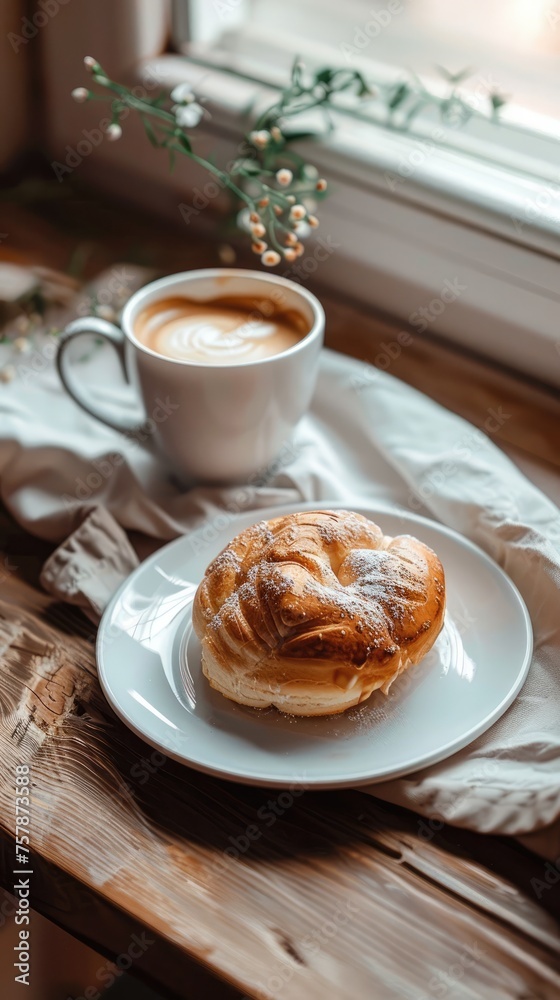 A cup of cappuccino with a bun A cup of cappuccino with a bun