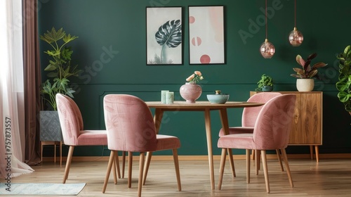 pastel pink color chairs at wooden dining table. Sofa near dark green wall. Mid-Century modern living room Interior Design. Scandinavian  home interior.