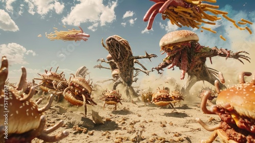 A wide cinematic shot of an absurd science fiction battle. One side is an army of hot dog monsters.  photo
