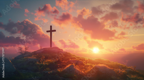 cross on a hill with a sunset, easter background with copy space for text