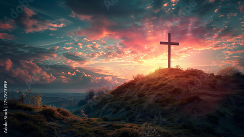 cross on a hill with a sunset, easter background with copy space for text